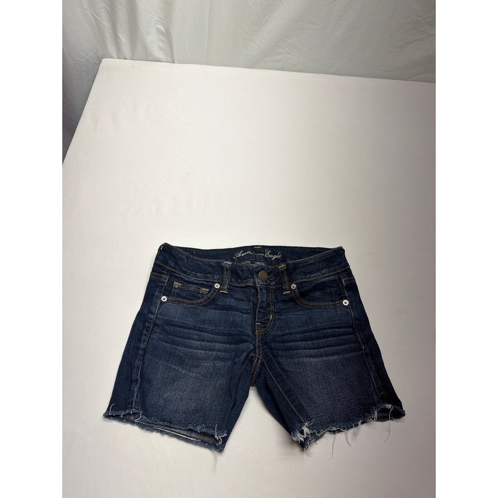 American Eagle Stretch Denim Cutoff Shorts Dark Wash Frayed Hem Size 4